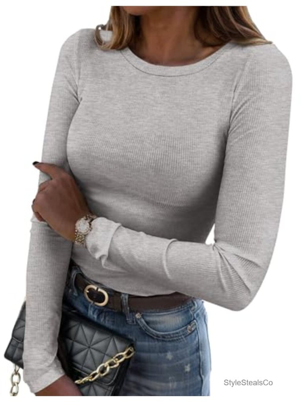 Women's Long Sleeve Ribbed Knit Slim Fit Crewneck T-Shirt Soft Stretchy Basic